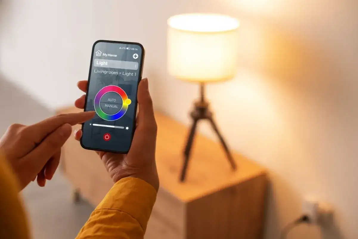 Ręka steruje oświetleniem salonu przez aplikację na smartfonie, część systemu Tuya.