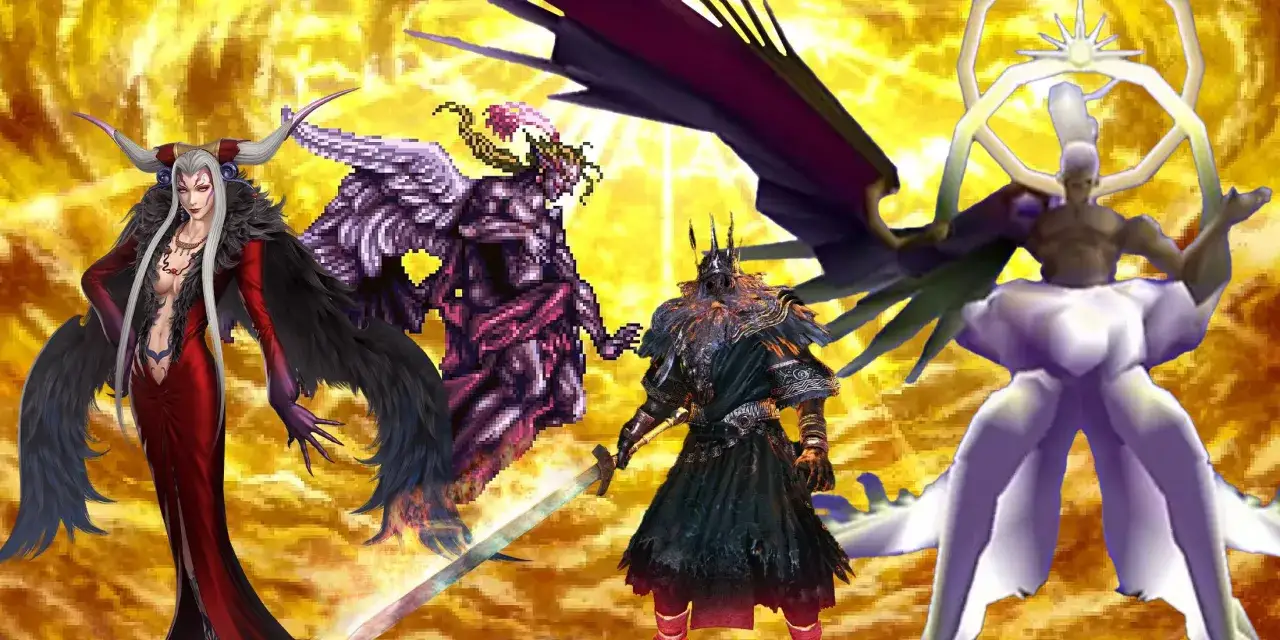 Postacie z gier wideo: kobieta w czerwonej sukni, skrzydlaty wojownik w pikselach, rycerz w zbroi i boska istota. Wszyscy gotowi na walkę z final boss.