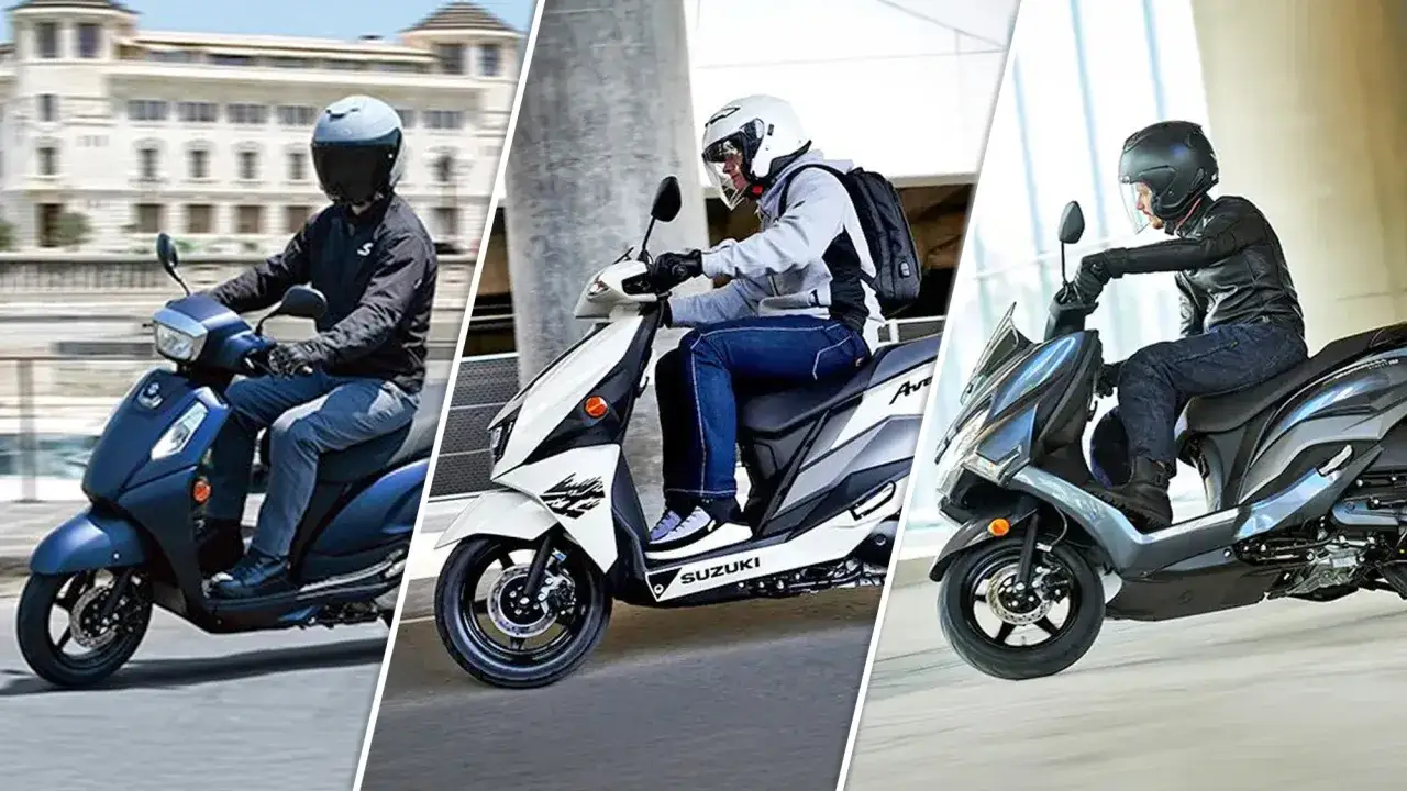 Trzy nowe skutery Suzuki 125 w różnych kolorach: granatowy, biało-szary i grafitowy.
