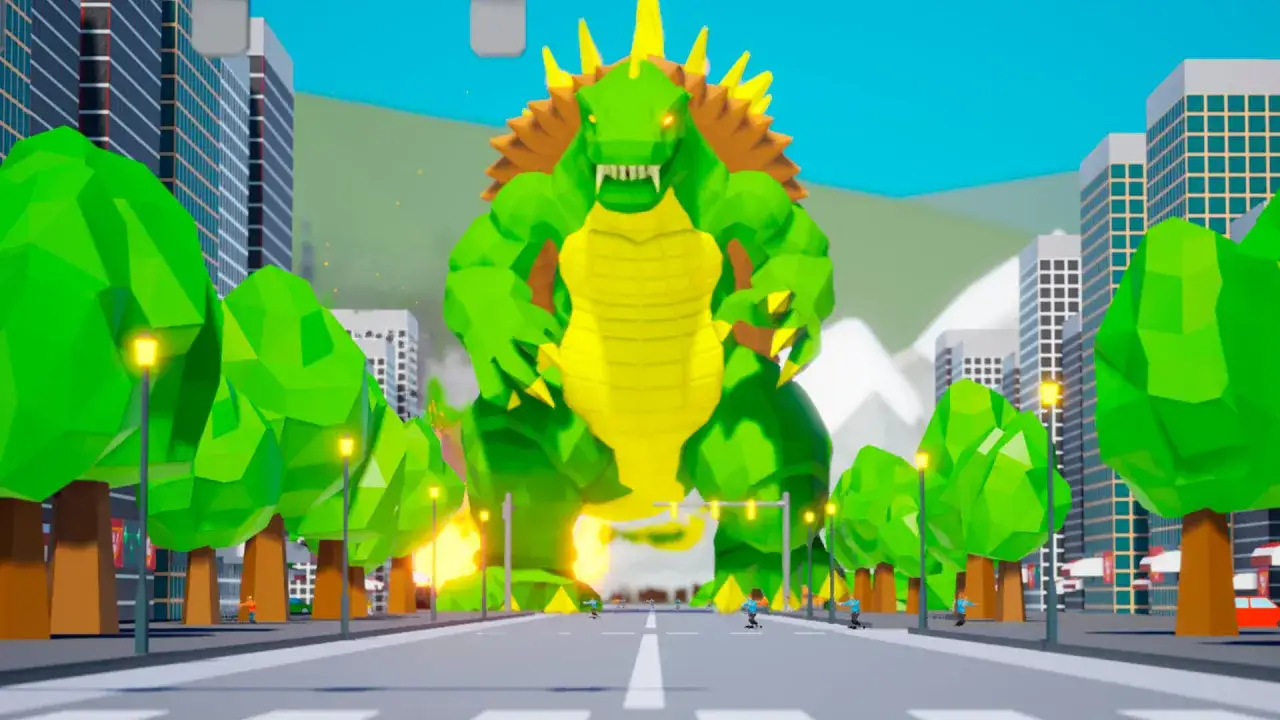 Un enorme monstruo verde ataca la ciudad, como en los juegos anime pc. Pequeñas figuras humanas corren por la calle.