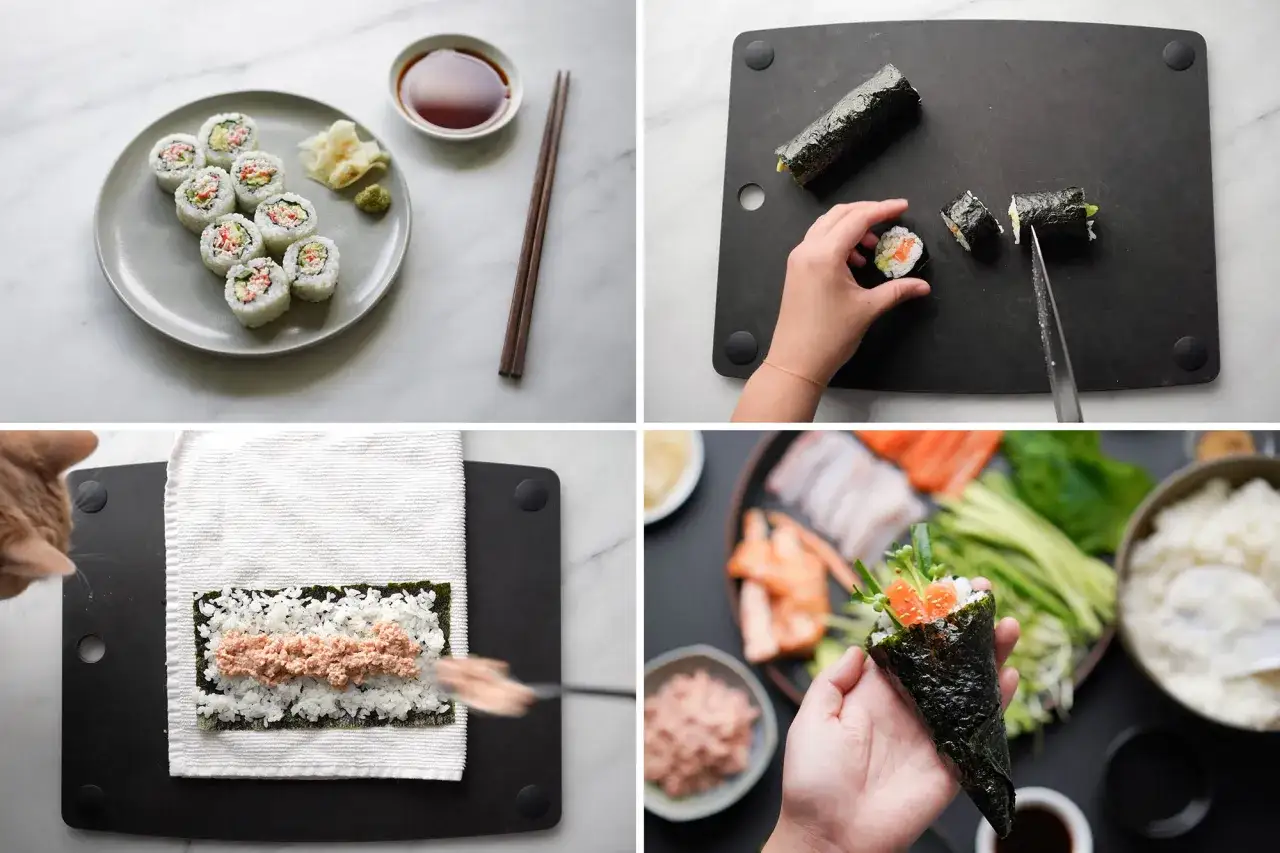Przygotowanie domowego sushi: krojenie rolki, dodawanie ryżu i tuńczyka, a na koniec tworzenie temaki.