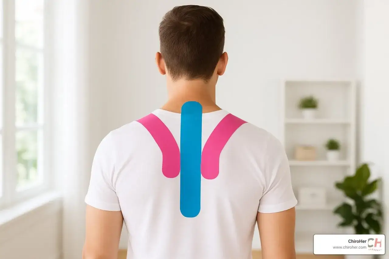 Kinesiotaping wdowi garb: niebieska taśma na kręgosłupie i r&oacute;żowe na barkach, wspierające postawę.