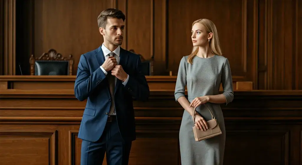 Elegancka kobieta i mężczyzna w strojach formalnych w sądzie