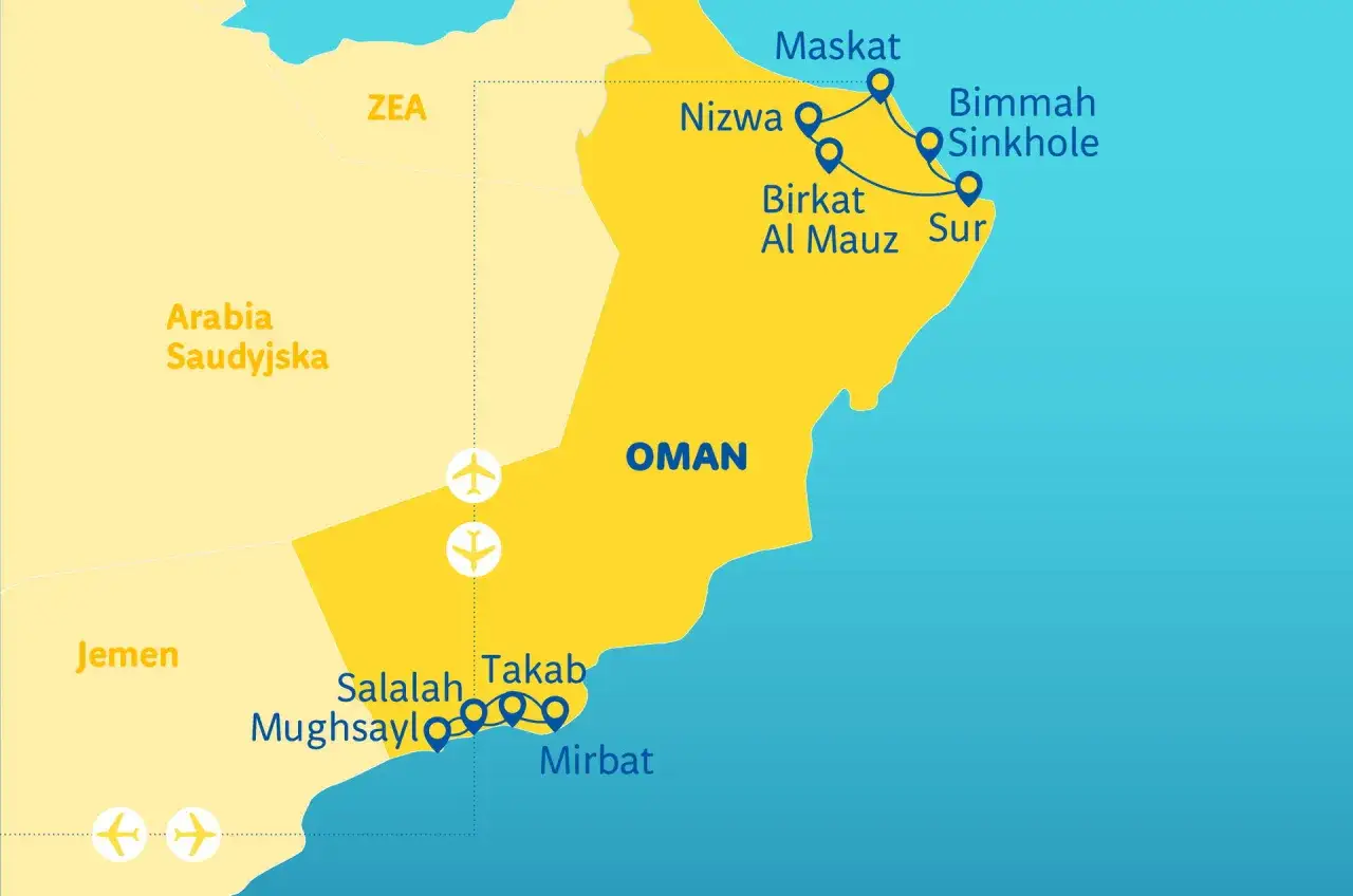 Mapa pokazuje gdzie jest Oman, z zaznaczonymi miastami: Maskat, Nizwa, Sur, Salalah i Mirbat.