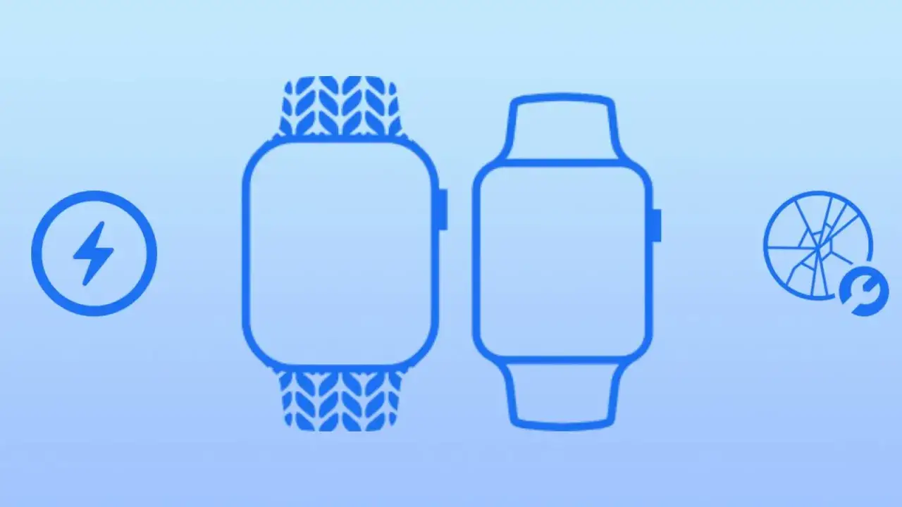 Ikony: ładowanie, smartwatch z wzorem, smartwatch, pęknięty ekran i narzędzie. Symbolika naprawy smartwatch.