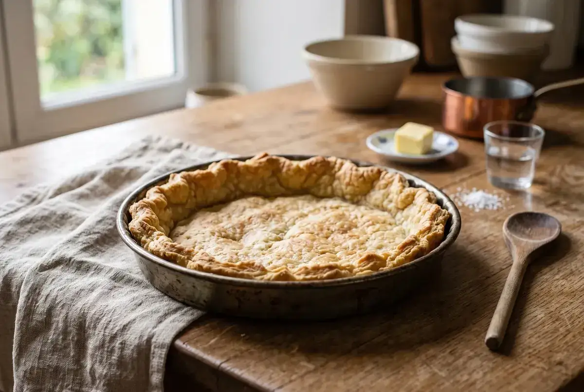Tarte dorée sur une table en bois, sa pâte brisée croustillante prête à être garnie. Du beurre, du sel et de l'eau sont à proximité.