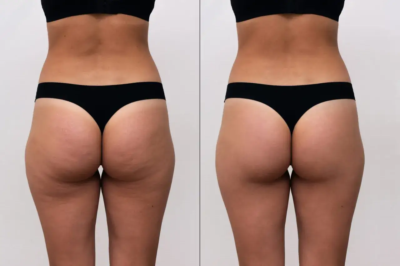Comparativa de gl&uacute;teos antes y despu&eacute;s de tratamiento de radiofrecuencia para celulitis.