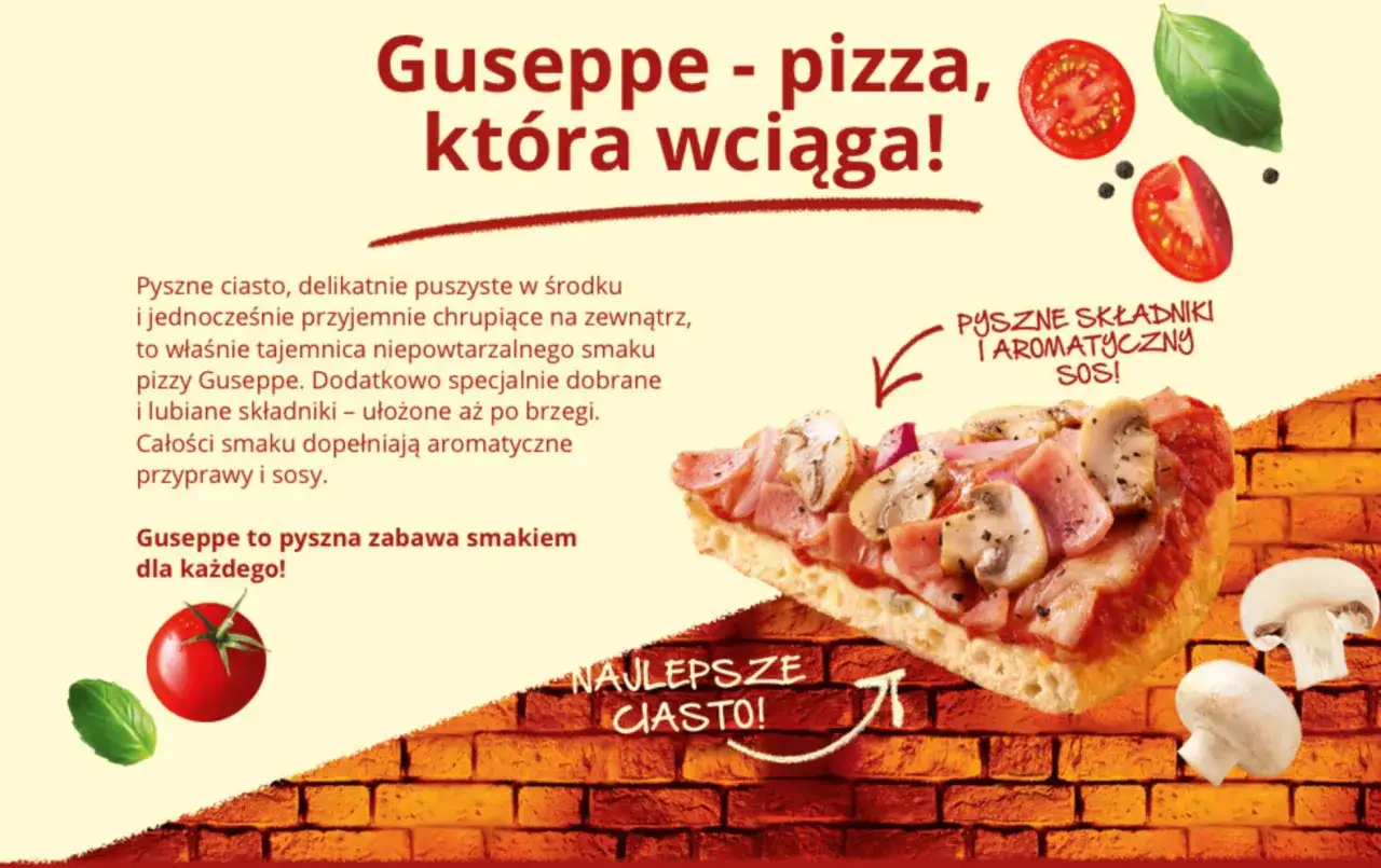 Pyszne ciasto pizzy Guseppe, chrupiące na zewnątrz, puszyste w środku. Składniki i sosy tworzą niepowtarzalny smak.