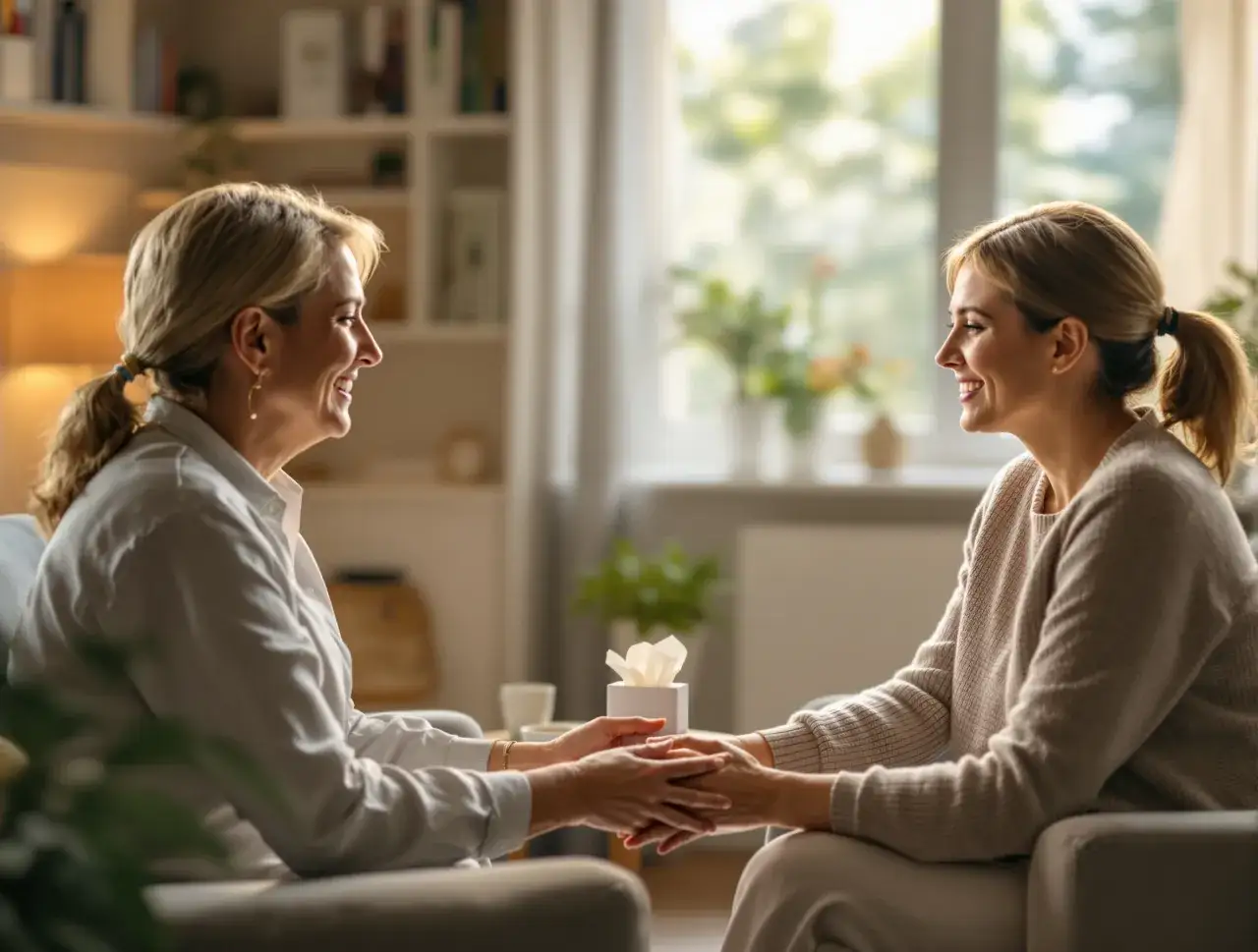 Zwei Frauen halten Händchen und lächeln sich an. Eine ältere Frau mit blondem Zopf und eine jüngere Frau mit Pferdeschwanz. Sie sitzen sich gegenüber und scheinen sich zu trösten oder zu ermutigen. Ihre Gedanken bestimmen dein Leben.