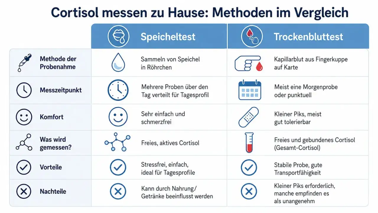 Porównanie metod pomiaru kortyzolu w domu: test śliny (wiele próbek, bezbolesny) vs. test suchej kropli krwi (jedna próbka, małe ukłucie).