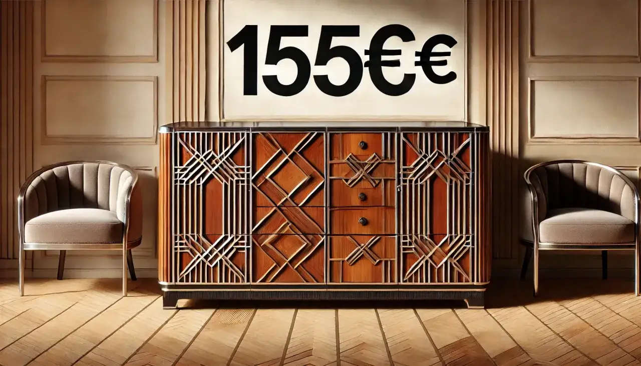 Commode art déco avec des fauteuils, un prix de 155€ affiché.