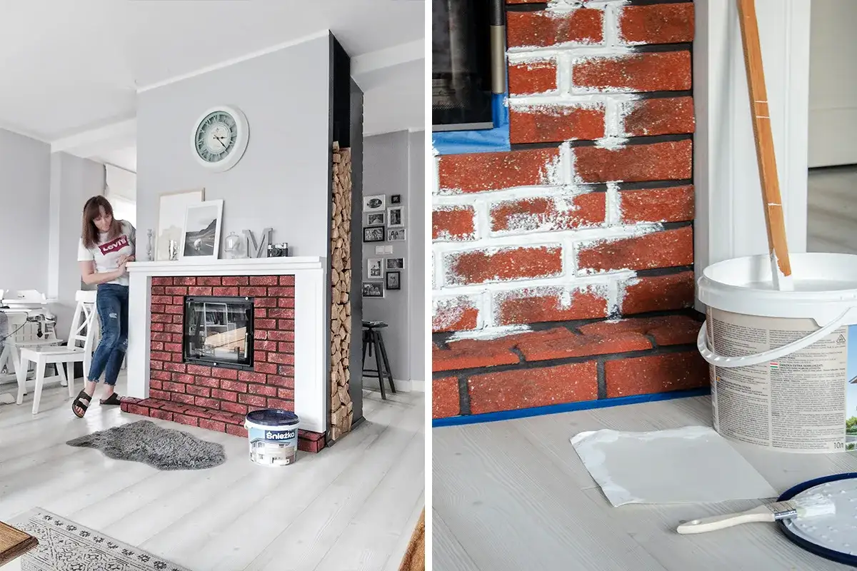Jak pomalować kominek z cegły? Widać proces malowania ceglanego kominka na biało, wiadro z farbą i pędzel.
