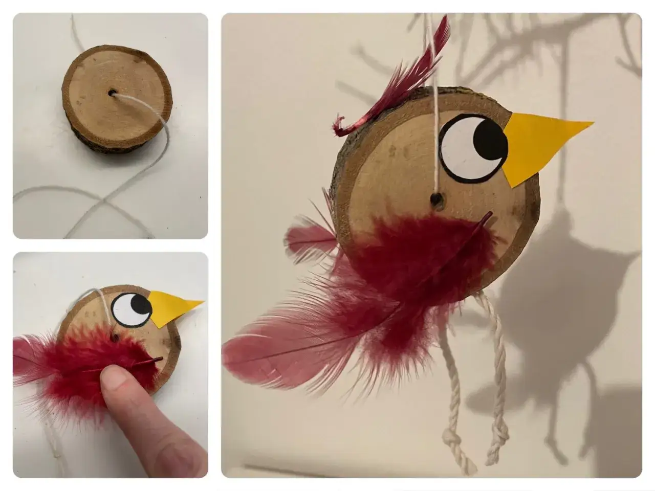 Basteln mit Baumscheiben: Kinder gestalten lustige Vogelanh&auml;nger mit Federn und Augen.