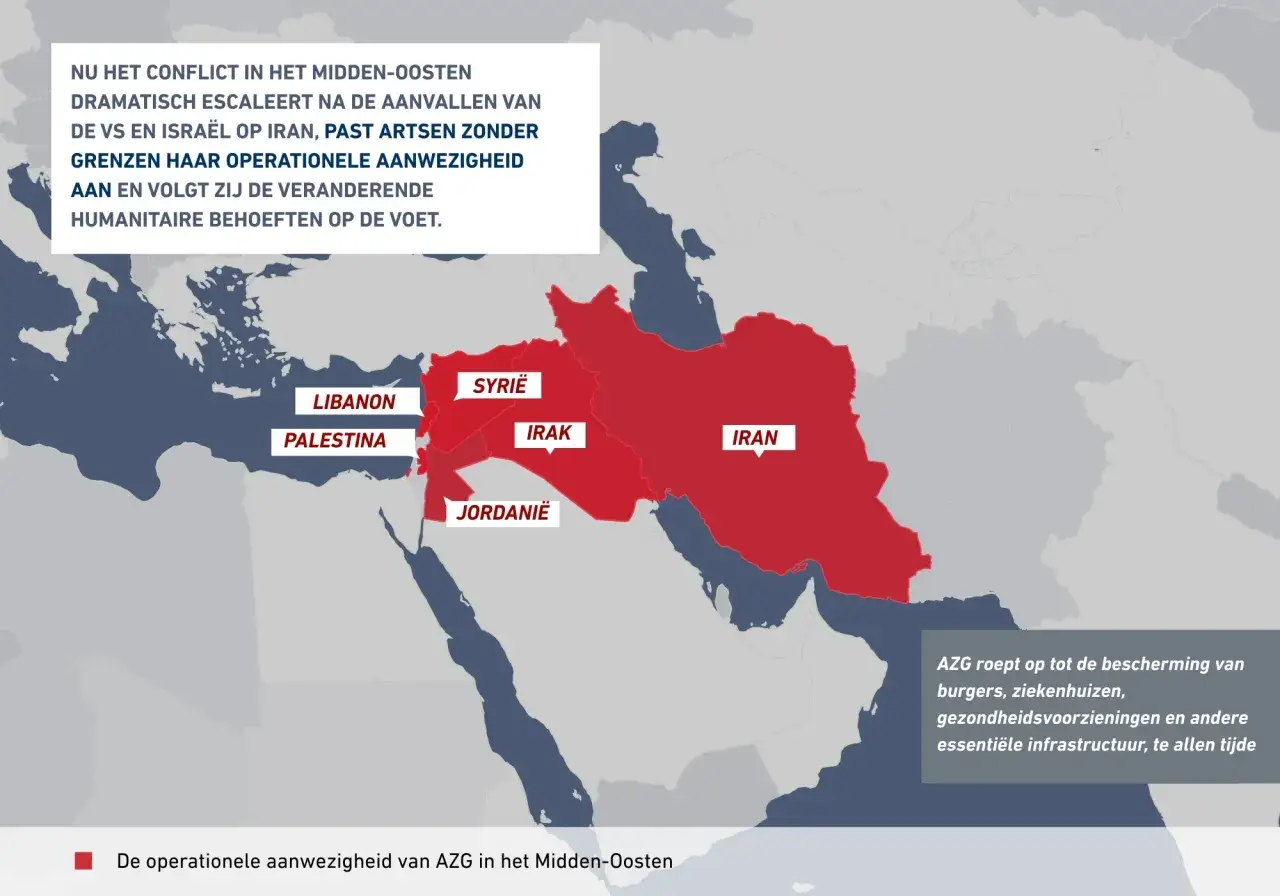 De escalatie van het **oorlog** in **Gaza** en het Midden-Oosten. AZG is aanwezig in Libanon, Palestina, Syrië, Jordanië, Irak en Iran.