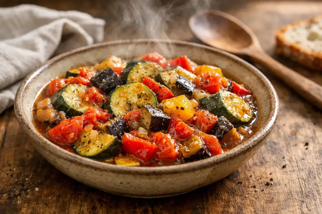 Un d&eacute;licieux ratatouille Cookeo fumant, servi dans un bol en terre cuite, avec des courgettes, aubergines et tomates.