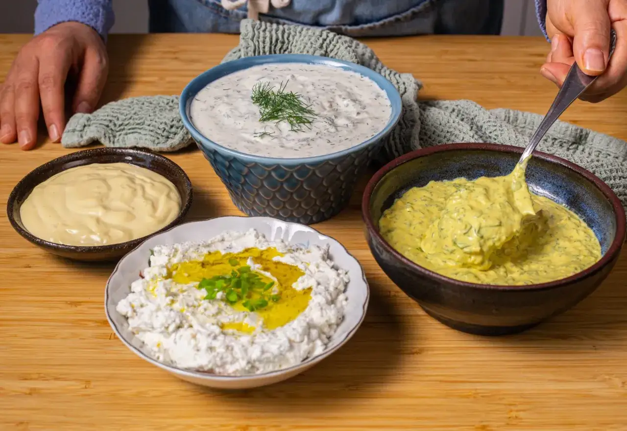 Fyra olika kalla s&aring;ser p&aring; ett tr&auml;bord. En sk&aring;l med gul s&aring;s, en med vit s&aring;s och dill, en med vit ost och olja, samt en sk&aring;l med majonn&auml;s. Perfekt f&ouml;r en somrig picknick med falsk bearnaises&aring;s kall.