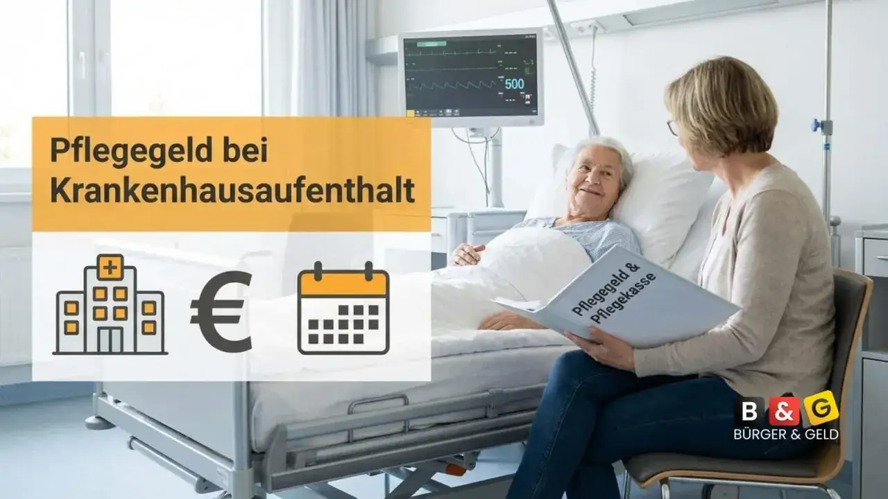 Pflegegeld bei Krankenhausaufenthalt: Eine &auml;ltere Frau im Krankenhaus erh&auml;lt Besuch und Informationen zur Pflegekasse.