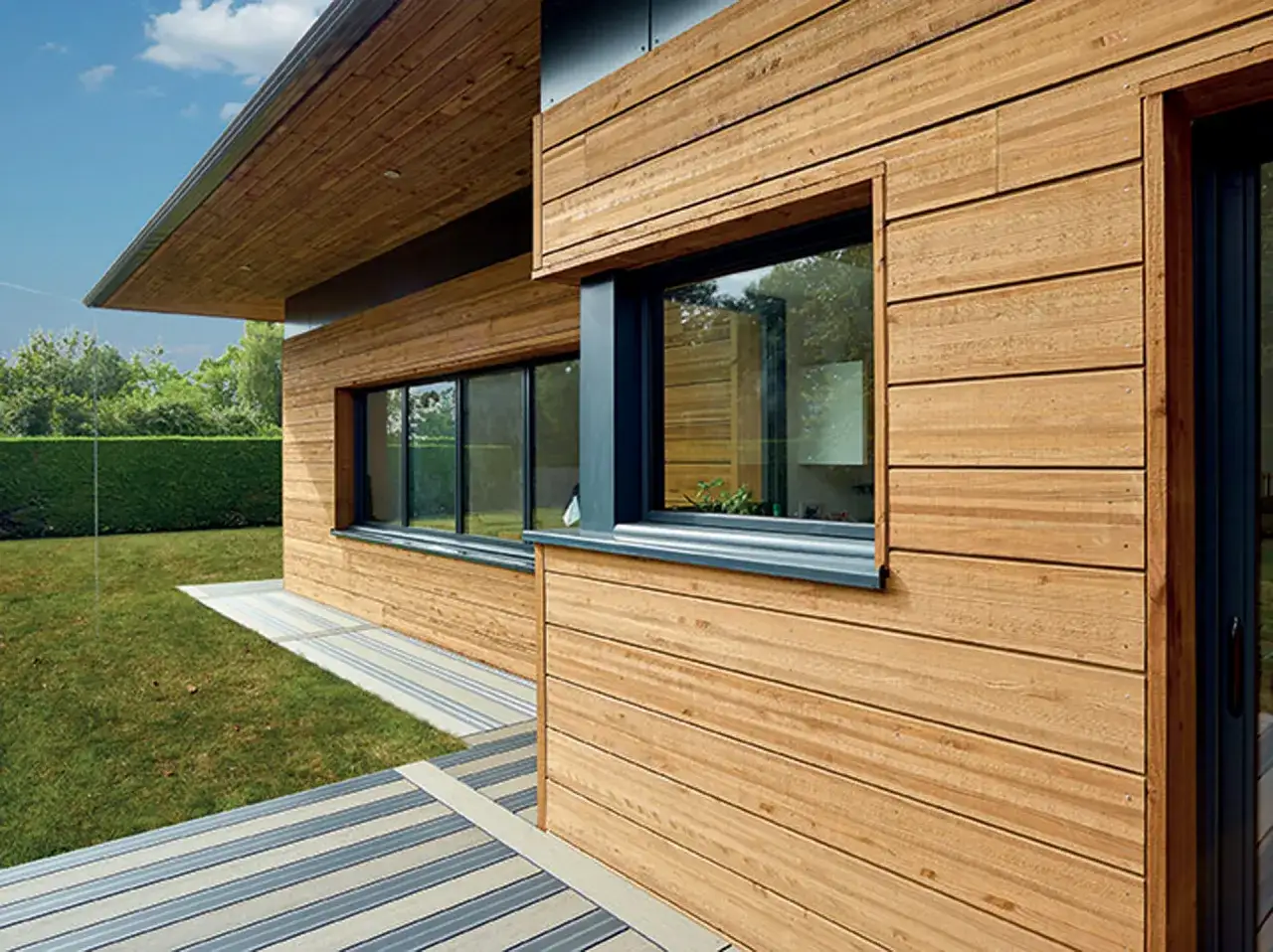 Bardage ext&eacute;rieur en bois naturel, chaleureux et r&eacute;sistant. Ce type de bois pour bardage ext&eacute;rieur offre une esth&eacute;tique moderne et s'int&egrave;gre parfaitement &agrave; son environnement verdoyant.