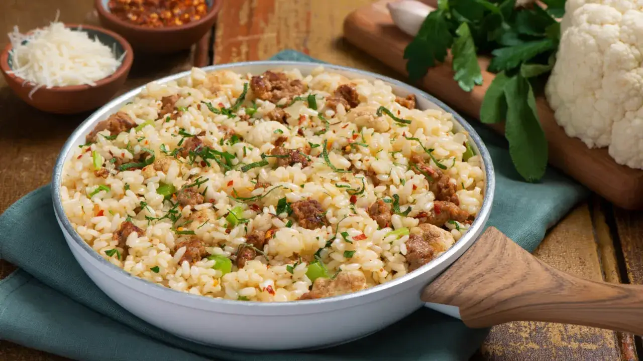 Risotto cremoso con trocitos de salchicha, coliflor y hierbas frescas. Los ingredientes para un risotto perfecto.