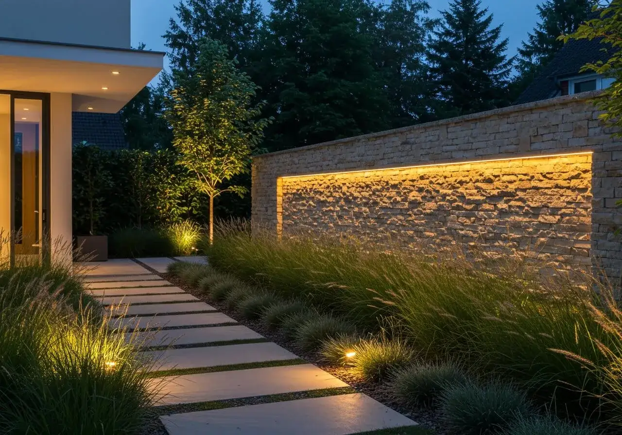 All&eacute;e de dalles &eacute;clair&eacute;e par des spots discrets, bord&eacute;e d'herbes hautes et d'un mur de pierre illumin&eacute; par une lumi&egrave;re 4000k couleur.