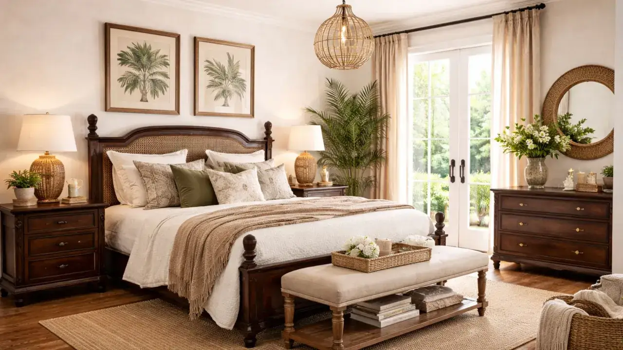 Dormitorio con cama de madera oscura, cabecero de ratán y cuadros de palmeras. El ambiente evoca un **estilo colonial** acogedor y sereno.