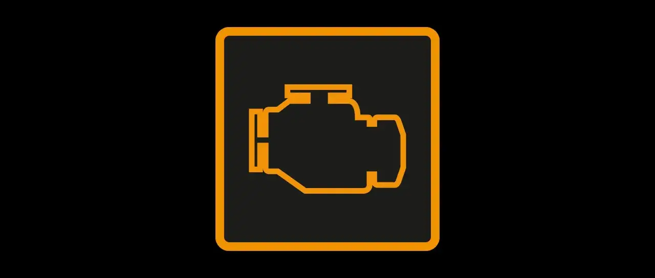 Voyant moteur qui s'allume et s'&eacute;teint sur un diesel. Ic&ocirc;ne orange d'un moteur dans un cadre carr&eacute; sur fond noir.