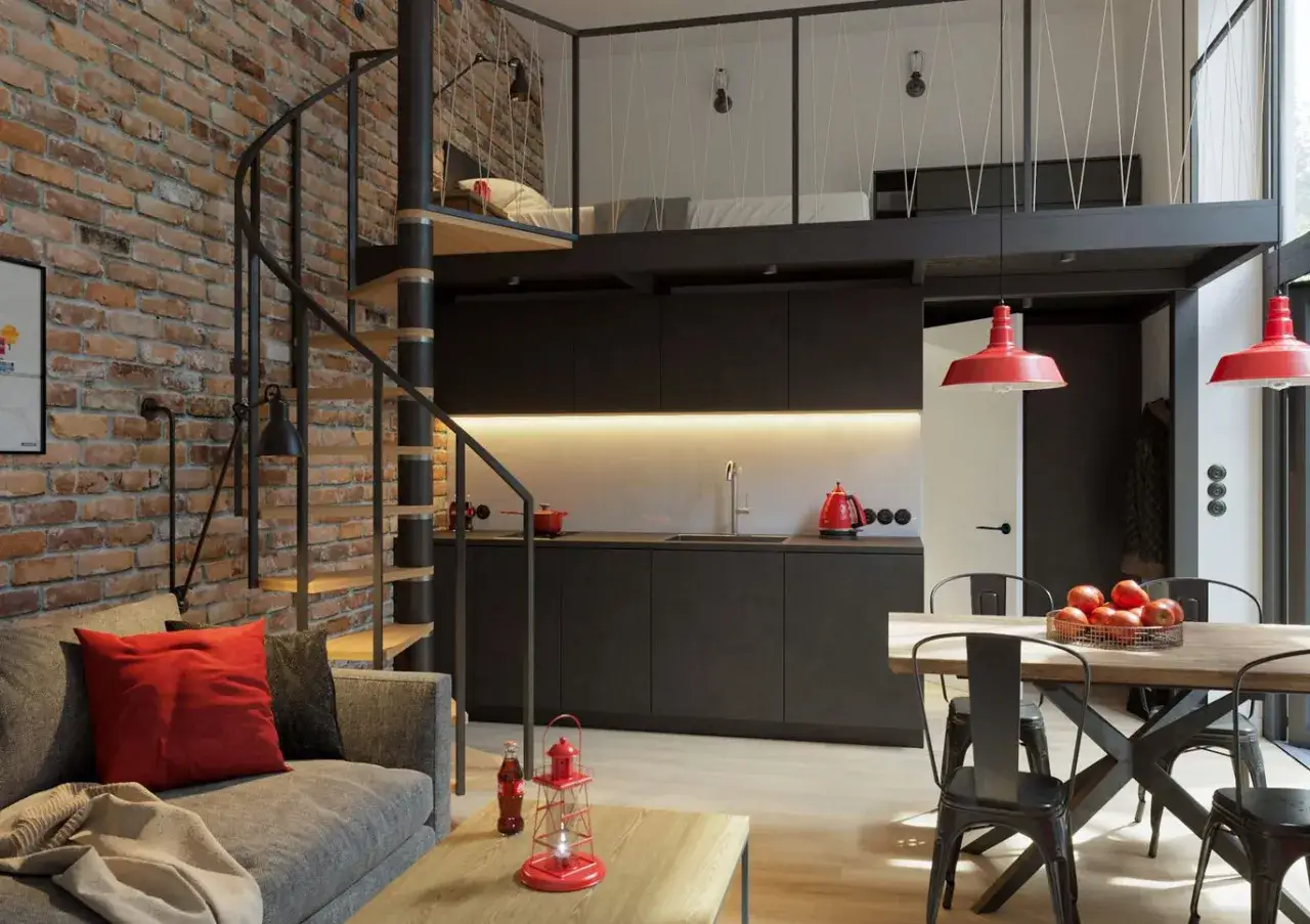 Nowoczesny projekt domu 50m2 z antresolą, ceglaną ścianą i spiralnymi schodami. Kuchnia, salon i jadalnia tworzą otwartą przestrzeń.