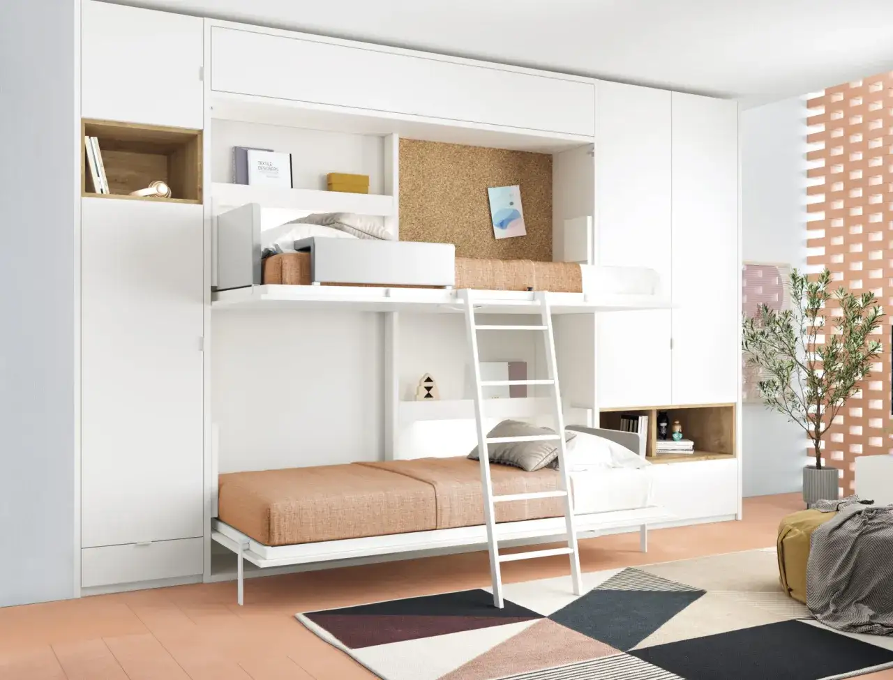 Habitación infantil con cama abatible vertical 90x190, litera con escaleras, estanterías y decoración moderna.