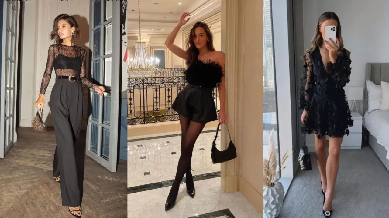 Tres looks elegantes para tu outfit de fin de año mujer: pantalón palazzo y encaje, short con top de plumas, o vestido negro con detalles florales.