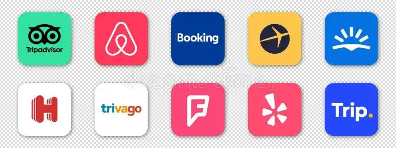 ikony portali z opiniami: Google Maps, Booking.com, Airbnb, Tripadvisor