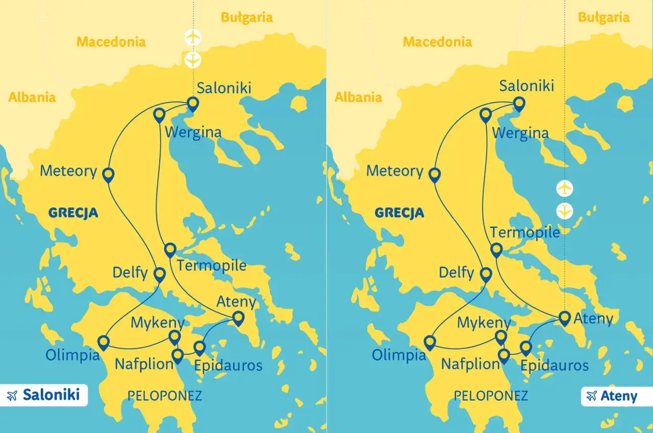 Mapa Grecji z zaznaczoną trasą wycieczki objazdowej Grecja 10 dni: Saloniki, Meteory, Delfy, Ateny, Peloponez.