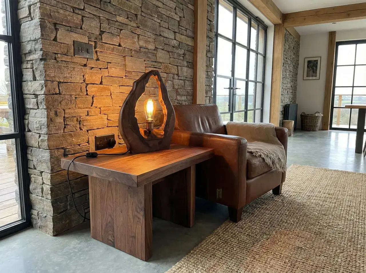 Lámpara de madera rústica sobre mesa de madera, junto a un sillón de cuero y pared de piedra.