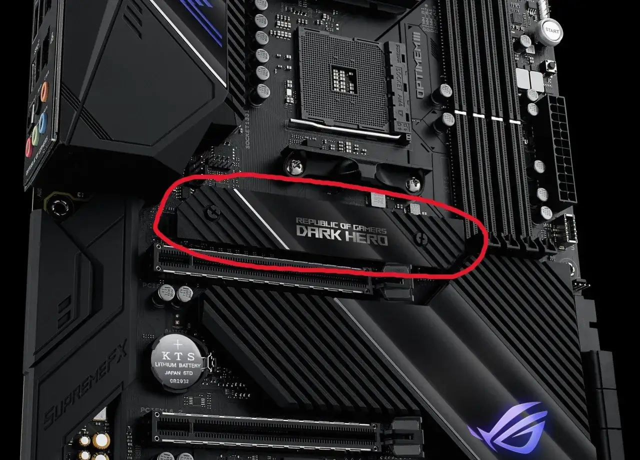 Płyta główna ROG Dark Hero z radiatorem M.2 PCIe, gotowa na najszybsze dyski.