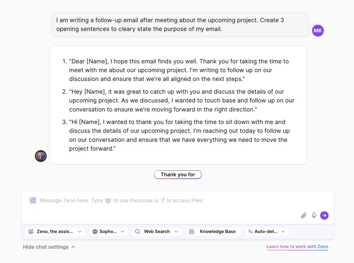 KI-Chatbot generiert drei E-Mail-Einleitungen für ein **kommendes Projekt**, um den Zweck des Follow-ups nach einem Treffen zu verdeutlichen.