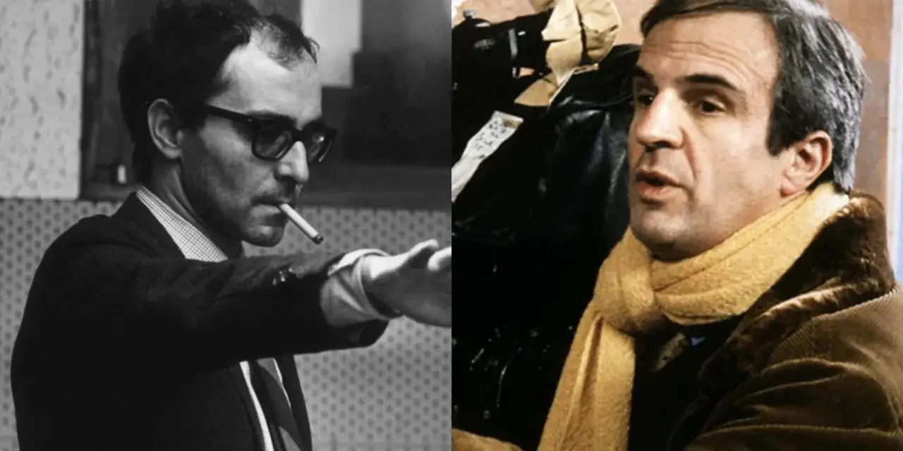 Jean-Luc Godard, figura iconica de la nouvelle vague, con sigaretta e occhiali, e un altro uomo con sciarpa gialla.