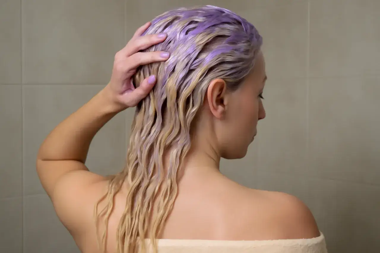 Kobieta z blond włosami nakłada szampon rewitalizujący kolor. Fioletowe pasma dodają jej włosom blasku.