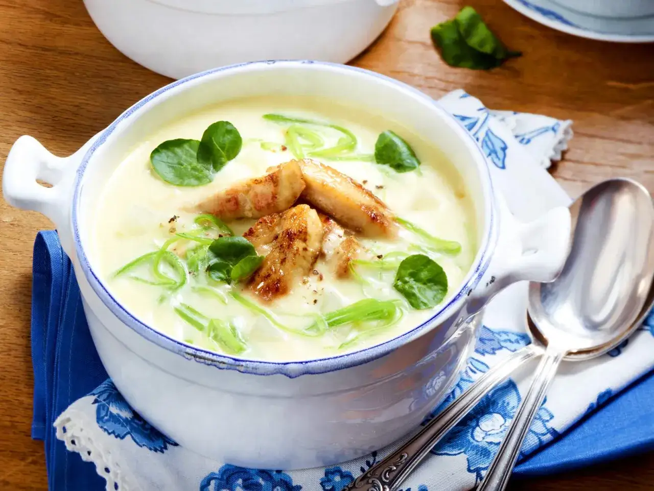 Cremige Kohlrabisuppe mit zarten H&auml;hnchenstreifen und knackigen Lauchzwiebeln. Ein k&ouml;stliches Kohlrabisuppe Rezept f&uuml;r kalte Tage.