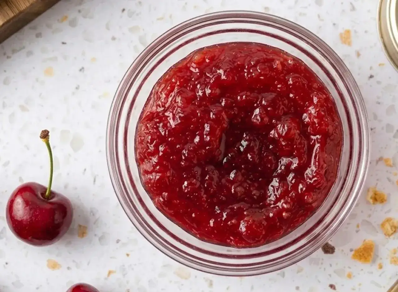 Ein Glas Kirschmarmelade, perfekt für Ihr Kirschmarmelade Rezept. Daneben liegt eine frische Kirsche.