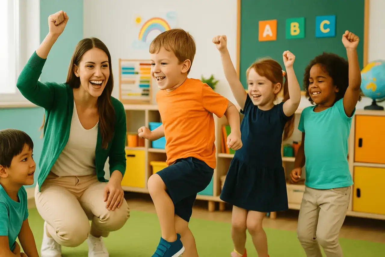 Ni&ntilde;os y maestra celebran con alegr&iacute;a, mostrando su **capacidad psicomotriz** en una clase din&aacute;mica.