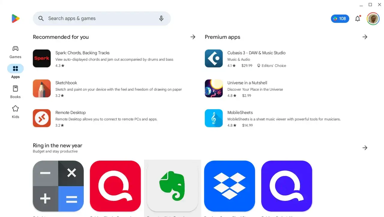 Sklep Google Play na Chrome OS. Widok aplikacji, pole wyszukiwania, polecane i premium aplikacje.