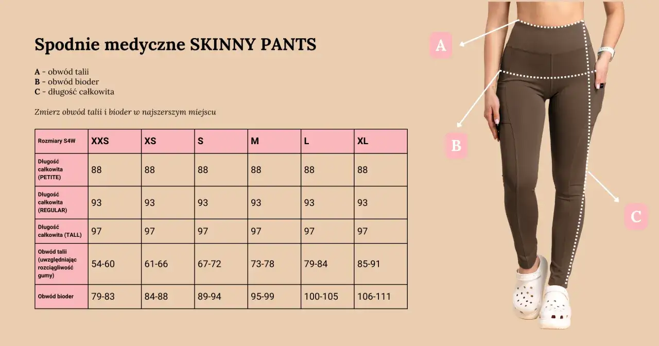 Tabela rozmiarów spodni medycznych skinny. Rozmiar 28 spodnie damskie jaki to rozmiar? Sprawdź obwód talii i bioder.