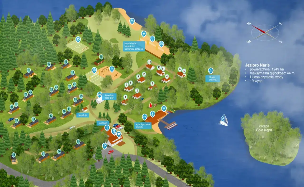 Mapa ośrodka z domkami, placem zabaw, boiskami i plażą. Liczne kretowiny atrakcje czekają na gości nad Jeziorem Narie.