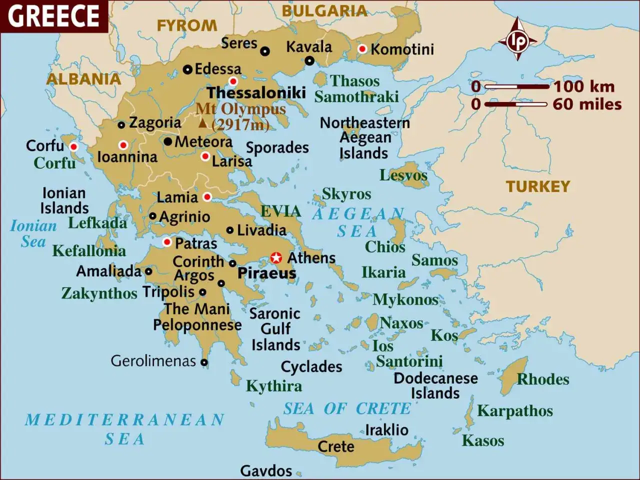 Mapa Grecji z zaznaczonymi wyspami greckimi, takimi jak Kreta, Rodos, Santorini, Mykonos, Korfu i wiele innych.