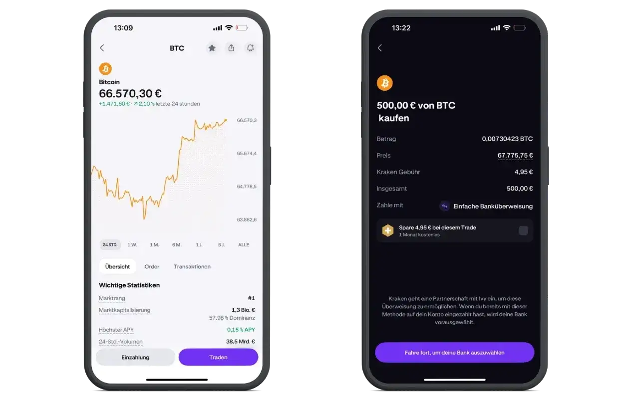 Zwei Handy-Screens zeigen die Kraken-App. Links der Bitcoin-Kurs, rechts der Kauf von 500€ BTC. Eine gute Kraken-Erfahrung.