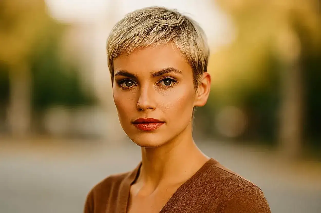 Une femme au regard intense arbore une coupe bixie blonde, sublimée par un rouge à lèvres audacieux.