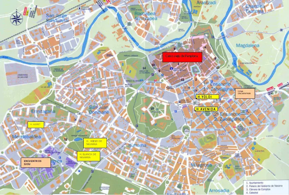 Mapa turístico de Pamplona con Casco Antiguo resaltado