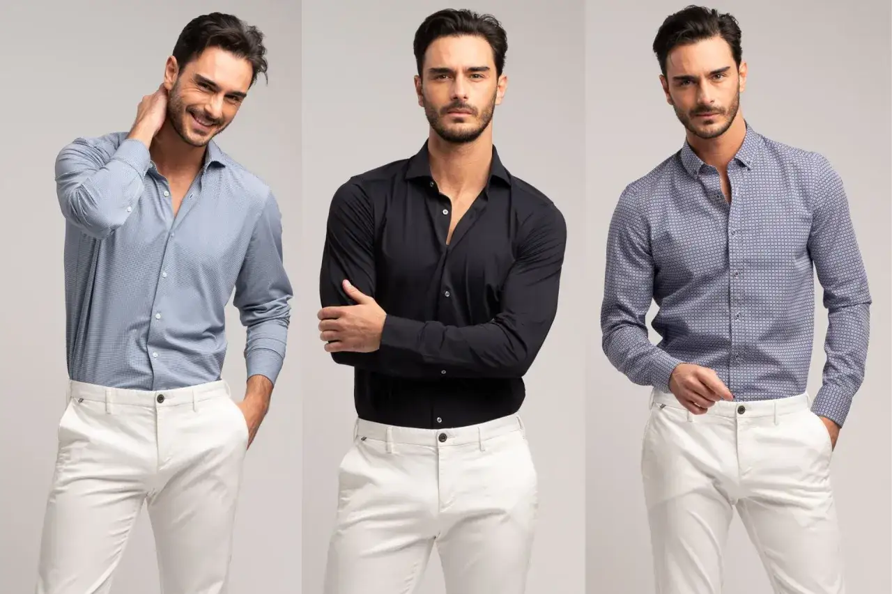 Uomo con camicie in popeline: una blu a microfantasia, una nera e una blu con fantasia geometrica. Indossa pantaloni bianchi.
