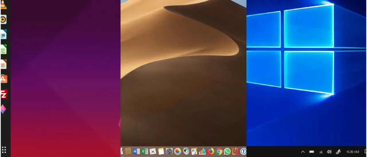 Trzy pulpity: Ubuntu z ikonami po lewej, pustynia z piaskiem pośrodku i Windows z niebieskim logo po prawej. System Chrome OS nie jest widoczny.