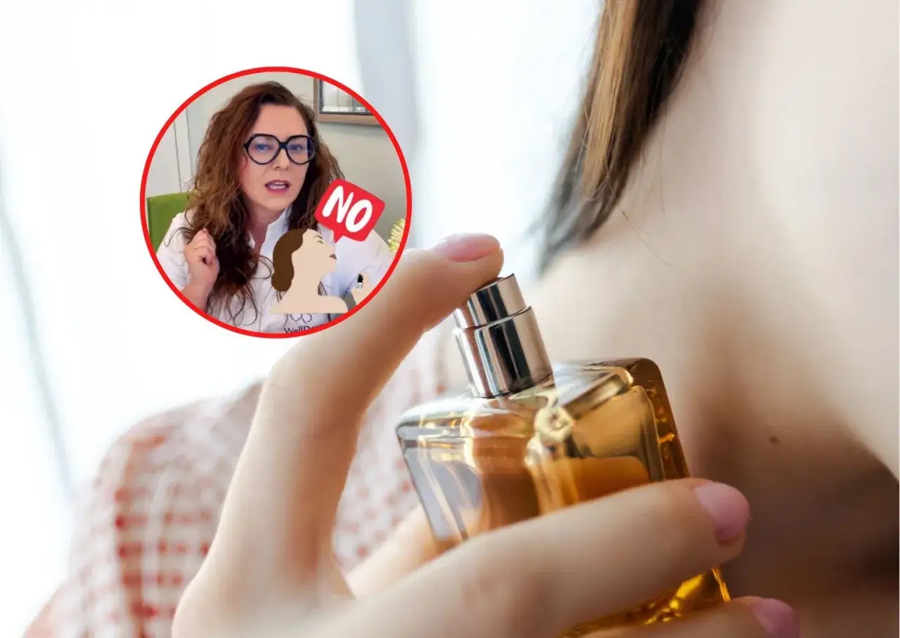 Kobieta pocierająca nadgarstki perfumami