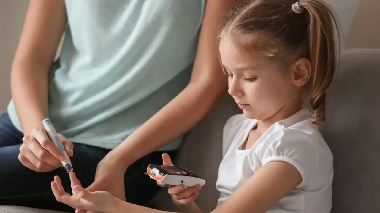 Eine Mutter misst bei ihrem Kind den Blutzucker. Ein wichtiger Teil im Leben mit diabetes kinder.